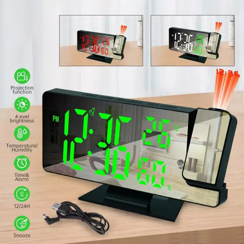 180 ° Projekcia ramena Digitálny budík Teplota teplota Vlhkosť Nočný režim Snoozium 12/24H