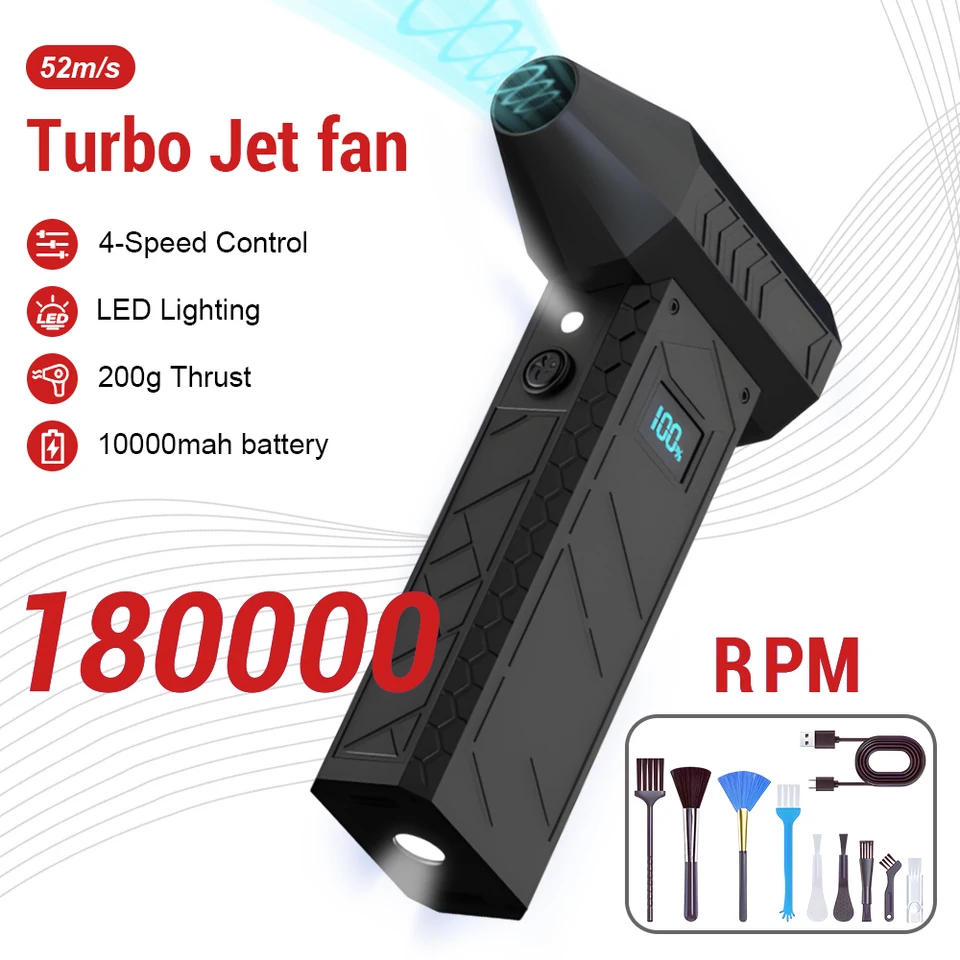 180000 ot./minpm mini turbo prúdový ventilátor výkonný komprimovaný elektrický vzduchový duster pre sušič auta/PC/domáci ručný dúchadlo 10000 mAh