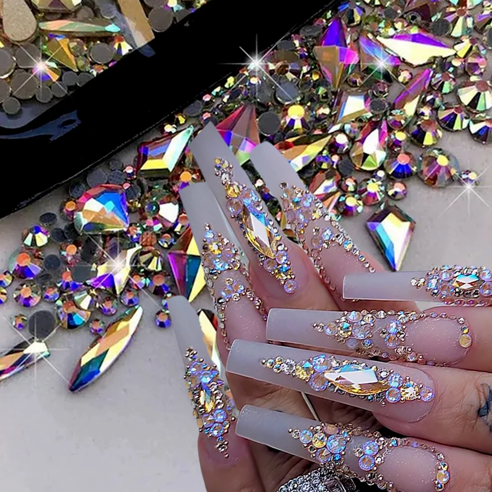 180ks AB Flatback Glass Glass Art Art Smienky Multi-tvary zmiešané diamantové drahokamy modré fialové krištáľové kamene pre DIY dekorácie nechtov