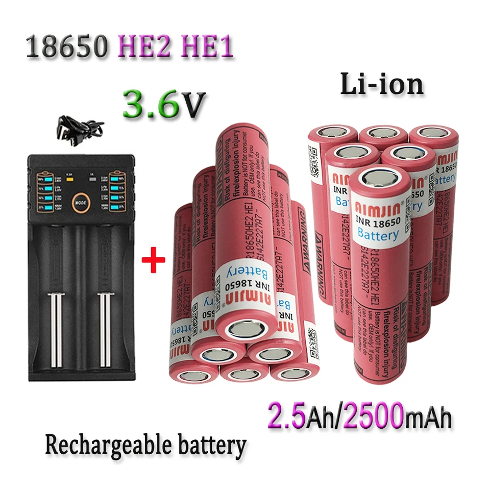 18650 HE2 HE1 3,6V 2500 mAh Nabíjateľná li-iónová batéria s nabíjačkou USB pre nás 18650 Toys Tools Battery atď.