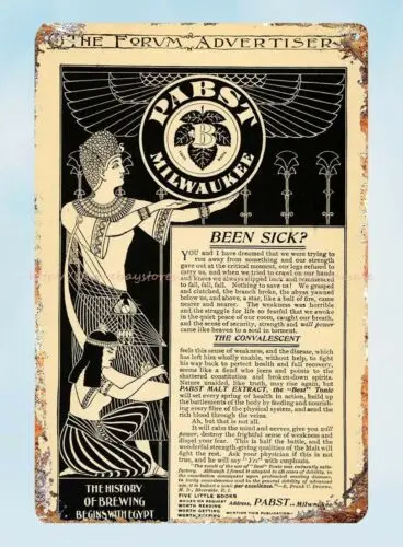1895 Ad Pabst Brewing Malt Extrakt Egyptský faraón kovový cínový znak Domovod