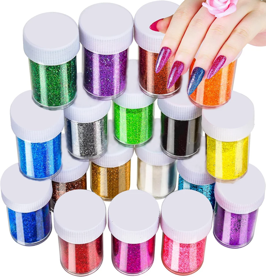 18Colors Nail Glitter, robustné trblietky, 18 plechoviek trblietok, zmiešaný jemný a hrubý trblietavý proces, živicový proces trblietky, hologra