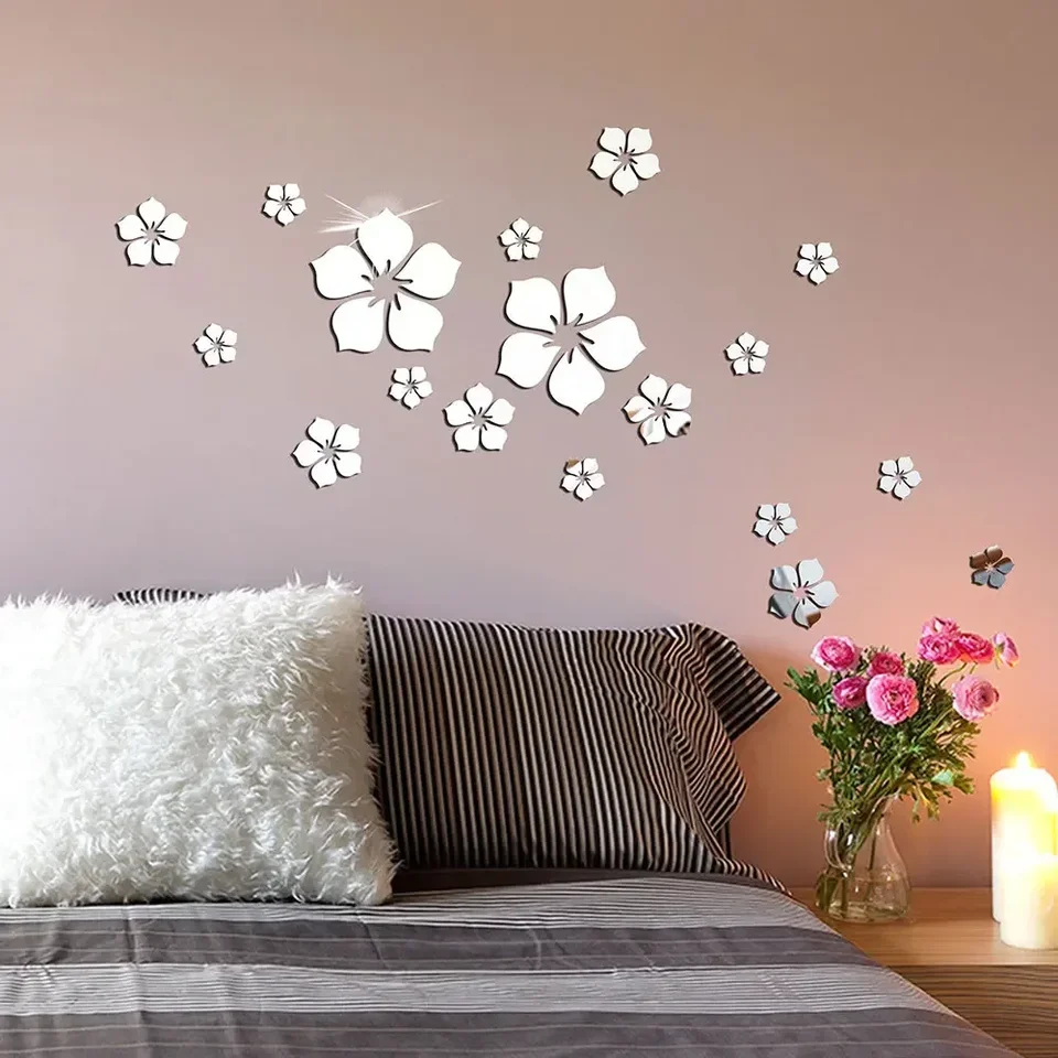 18ks 3D akrylové kvetinové zrkadlové nálepky na nástenné nálepky Self Adhesive Mosaic Tiles nálepky pre nálepky pre domácu spálňu Dekore