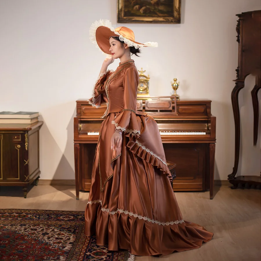 19. centry hnedá viktoriánska bočná guľôčka ROCOCO BAROKOVÉ EDWARDIANSKÉ ŠATY pre ženy