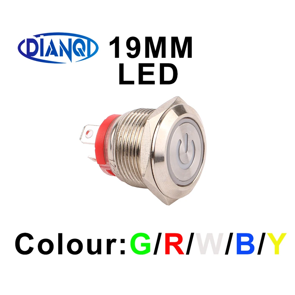 19 mm anti-vandal kovové spínače tlačidiel prstencový výkon s LED 1No červenou zelenou 12-24V 220V Latching PIN Terminál pre auto