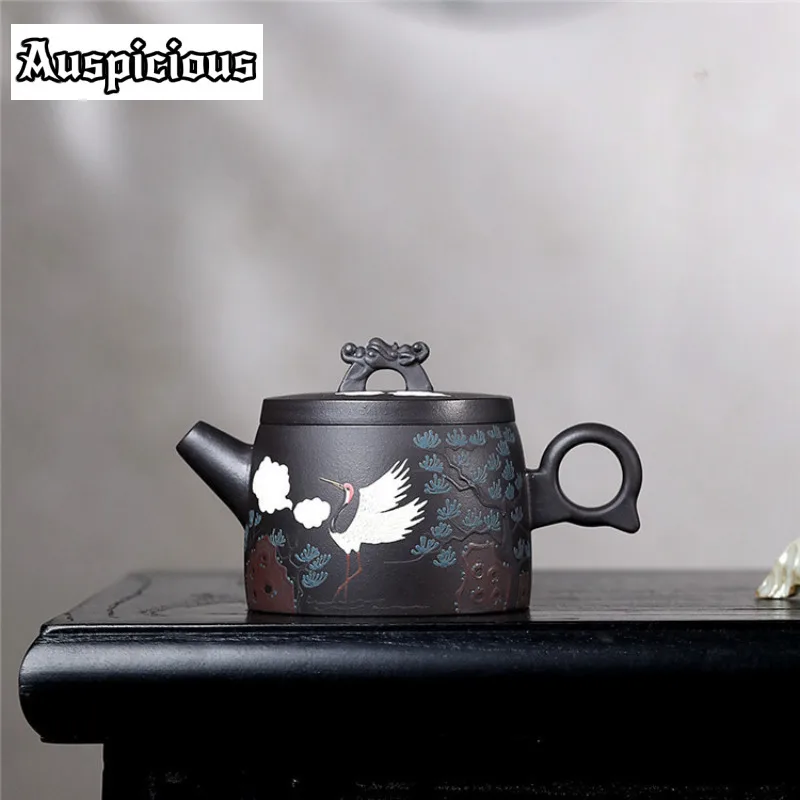 190 ml Yixing Purple Clay Tajaty ručne vyrábaný borovicový žeriav Longevity hrnca surová ruda Čierny zlatý piesok kanvica infuser čínsky zisha čajový set