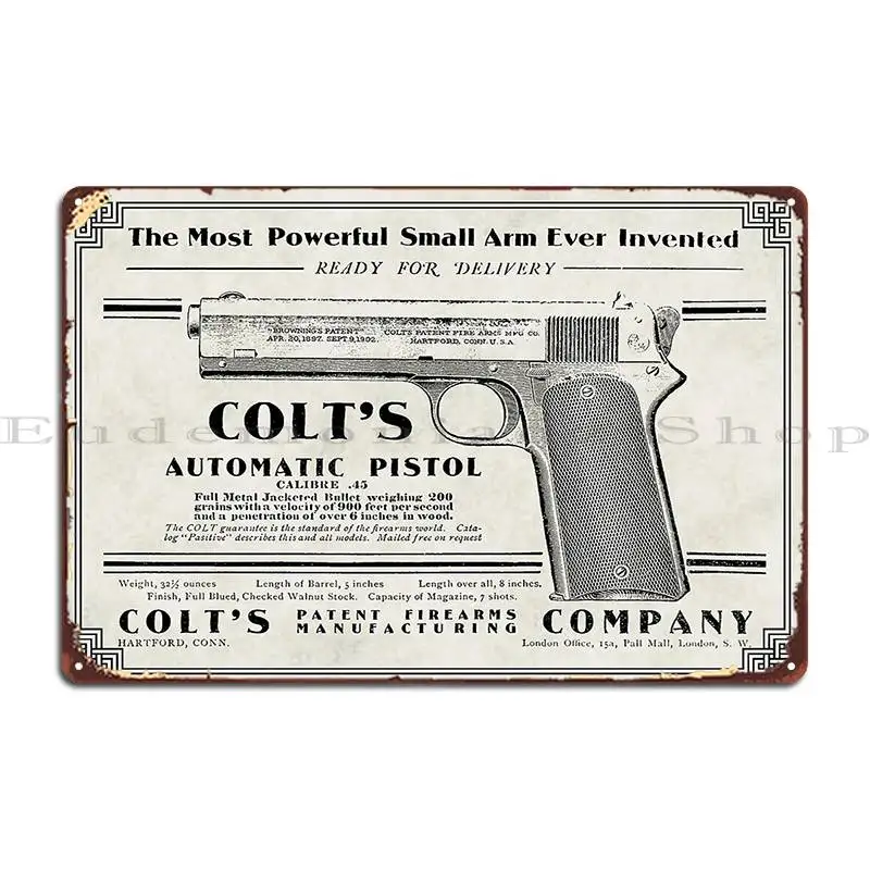 1906 Colt 45 Cal Automatické vinobranie reklama Art Metal Plaque Garage Designer Club Club Wall Wall Mural Tin Sign Plagát