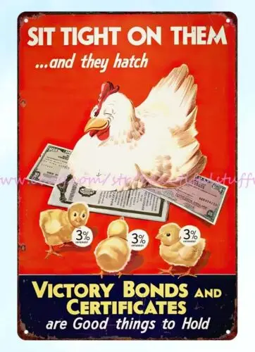 1944 Victory Bonds WW2 kuracie sliepky s kovovou plechovou značkou reprodukcie nástenných fariem domy
