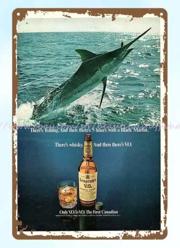 1976 Seagrams Vo Canadian Whisky Black Marlin Ocean Fishing Metal Tin Sign
