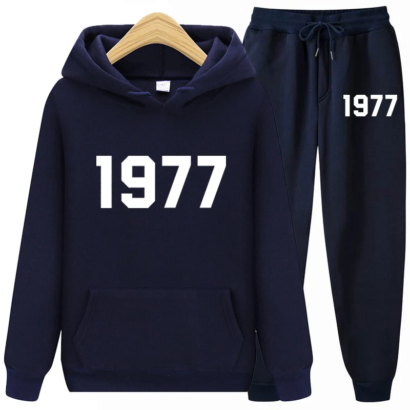 1977 Hoodie Dvojdielne súpravy Hoodie Set Men and Women Fashion Brand High Street Loose Fleece Autumn Winter Warm Woodies+Pants Set