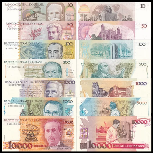 1986-1990 Brazília 10-10000 Cruzados Original Notes UNC ((Fuera de Uso Ahora Collectibles)
