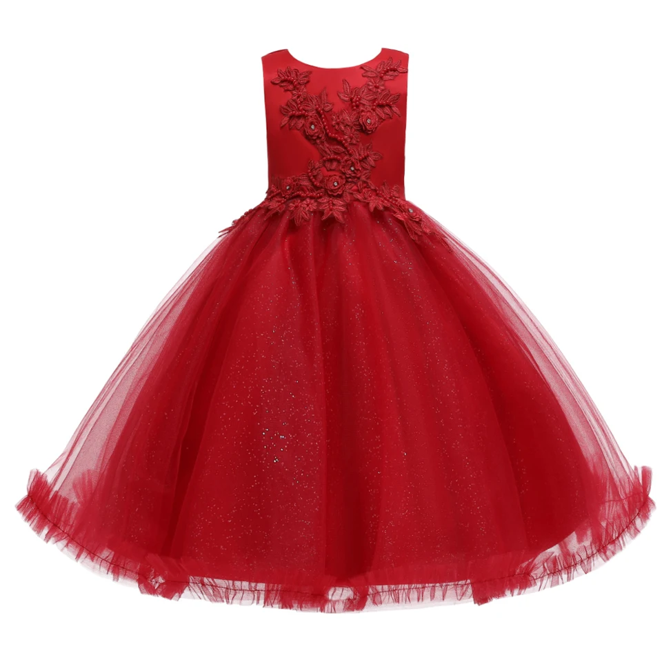 199 Red Girl's Long vyšívané šaty bez rukávov princezná svadobné šaty na narodeninové oslavy
