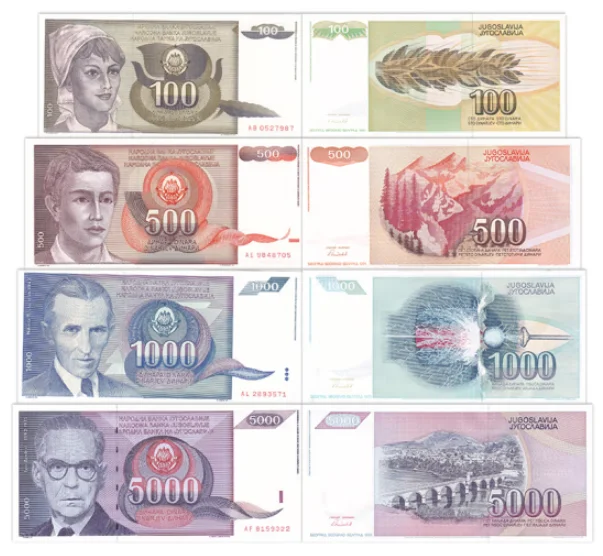 1991 Juhoslávie 100-5000 Dinars Originálne poznámky UNC ((Fuera de Uso Ahora Collectibles)
