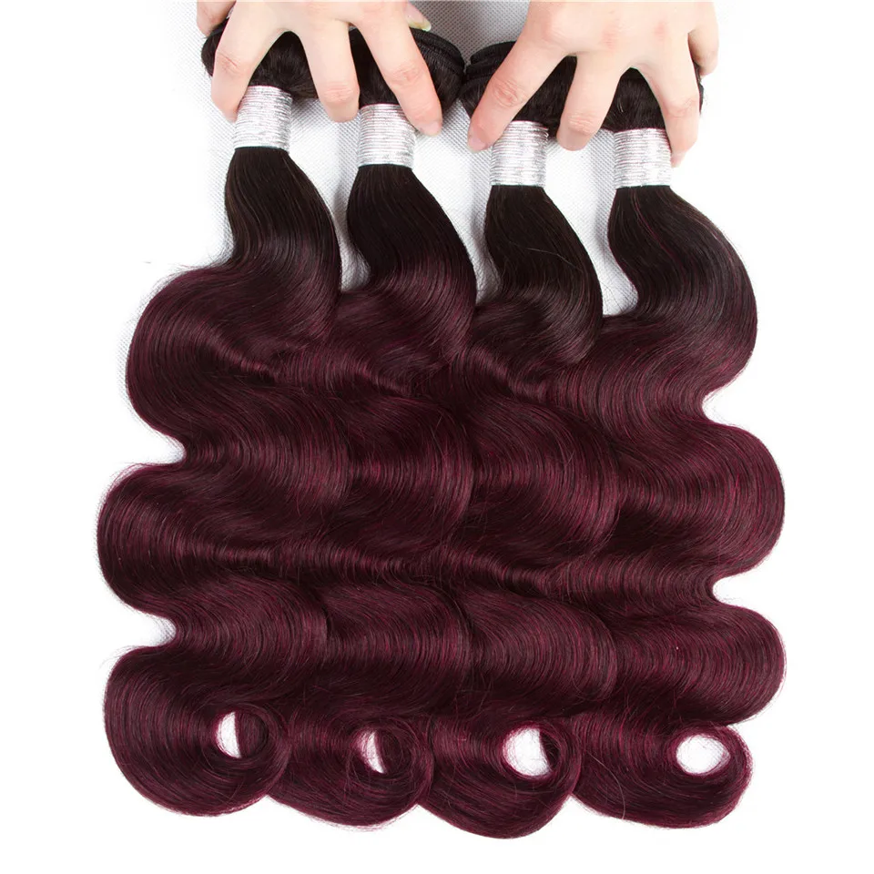 1B 99J zväzky Ombre Body Wave Vlasy Vlasy zväzky Brazílske väzby Vlasy 3/4 zväzky 99j ľudské vlasové zväzky veľkoobchodné zväzky vlasov