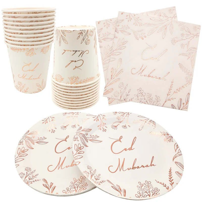 1BAG Rose Gold Eid Mubarak na jednorazové papierové dosky na jednotlivé riadky Ramadan Kareem Islam Moslimská párty Domov Eid al-Fitr Decotion