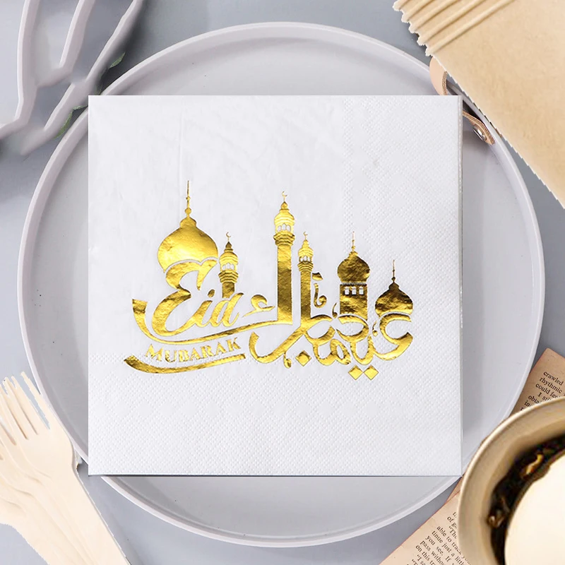 1BAG Zlatá mešita Eid Mubarak servítky Islamský moslimský festival dekor Ramadan Kareem Eid Al Adha Domáci večierok