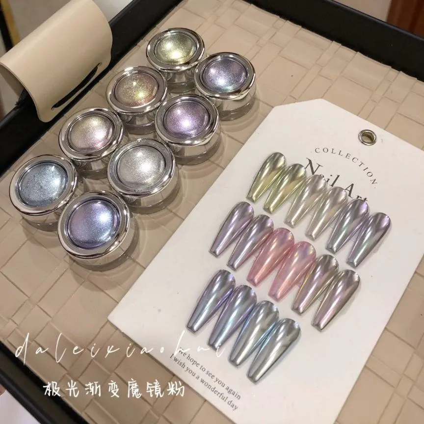 1Box ​​1G Aurora Gradient Magic Mirror Práškový prášok na nechty Elektroplaované zrkadlo práškový nechtový trblietavý prachový necht Art Chrome Pigment