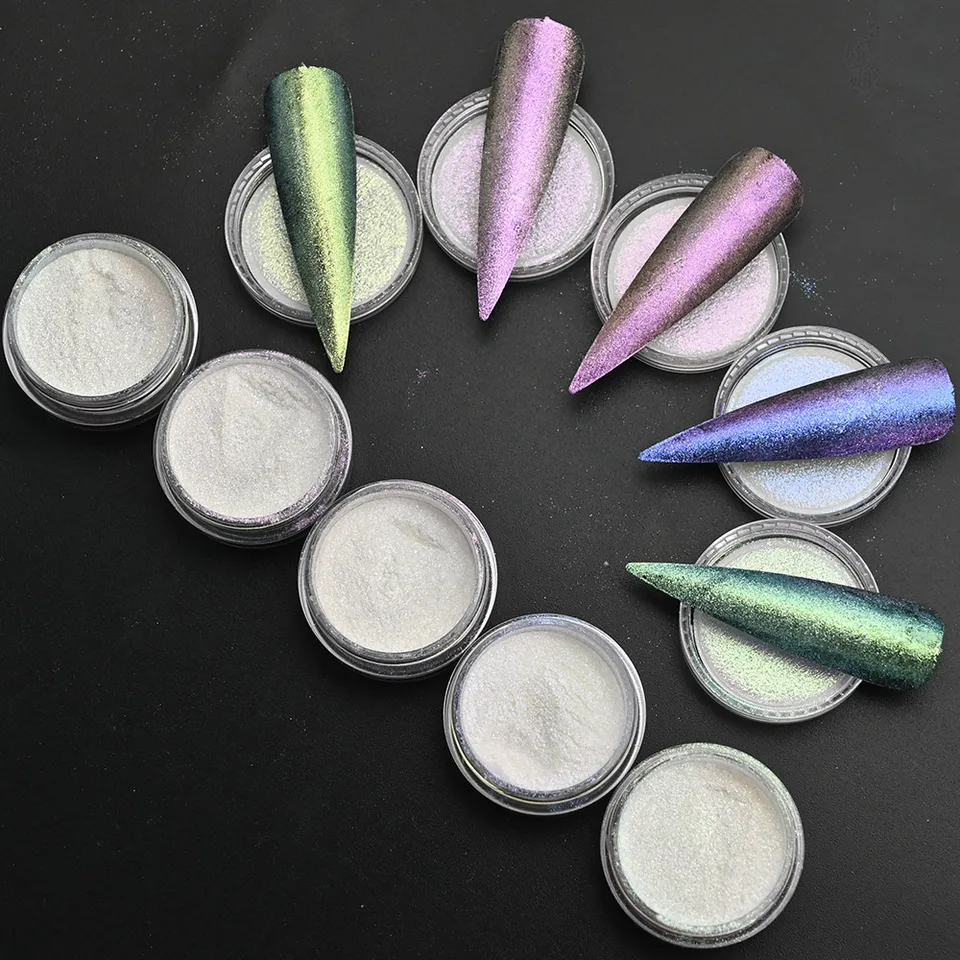 1Box ​​Nail Chameleon Mica Gitter Práškové magické zrkadlo Kovový efekt Chróm Pigment Dust Viano
