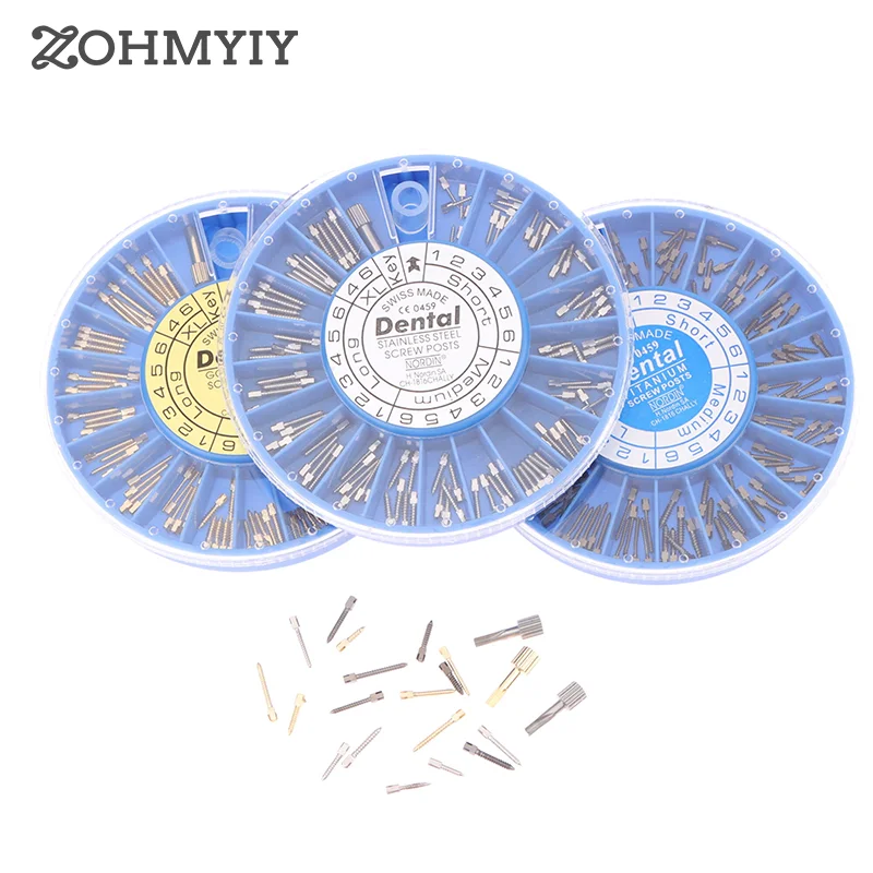 1Box ​​zubná zubná oceľ Zlato pokovovaná skrutkou Post stomatologický titánový materiál koreňový kanál Ošetrenie zubného lekárskeho zubného lekárstva