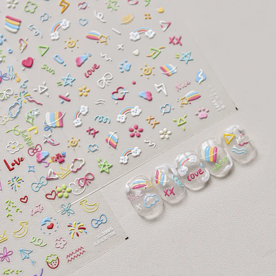 1kenky karikatúry Rainbow Lines Reliéfetové nálepky na nechty Kawaii Rabbit Bow Flower Sets Adhessive Slider DIY