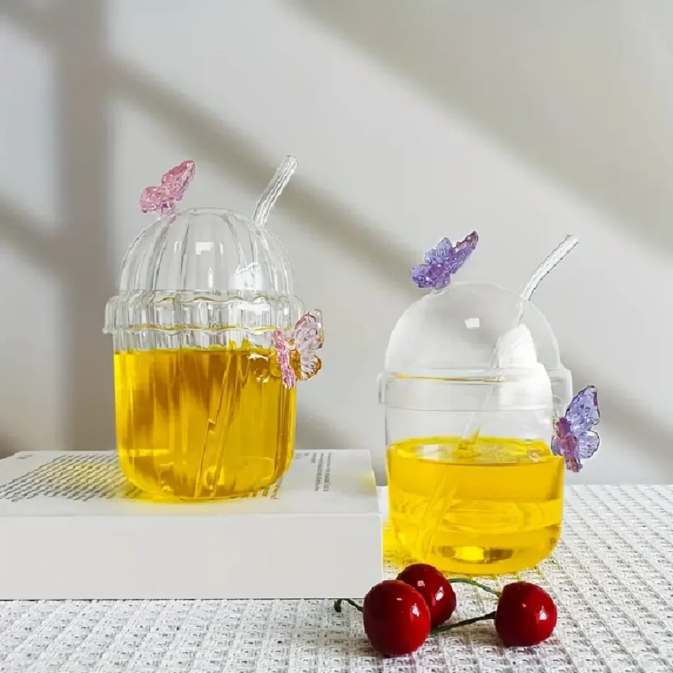 1ks 400 ml Pitie sklenené šálky s motýľovým dizajnom pre ľadovú kávu, šťavu, čaj a mlieko, perfektné narodeniny a darčeky s dovolenkami