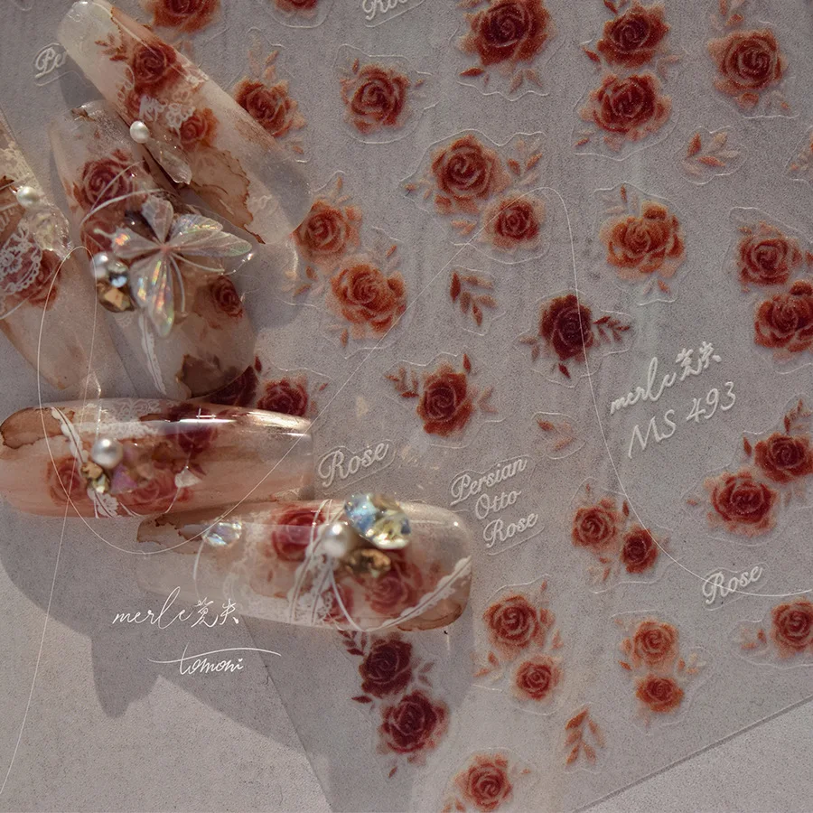 1ks 5D Valentínsky deň Kawaii Rose Nail Art Stiapky Vynikajúce hnedé červené kvetinové nálepky na nechty