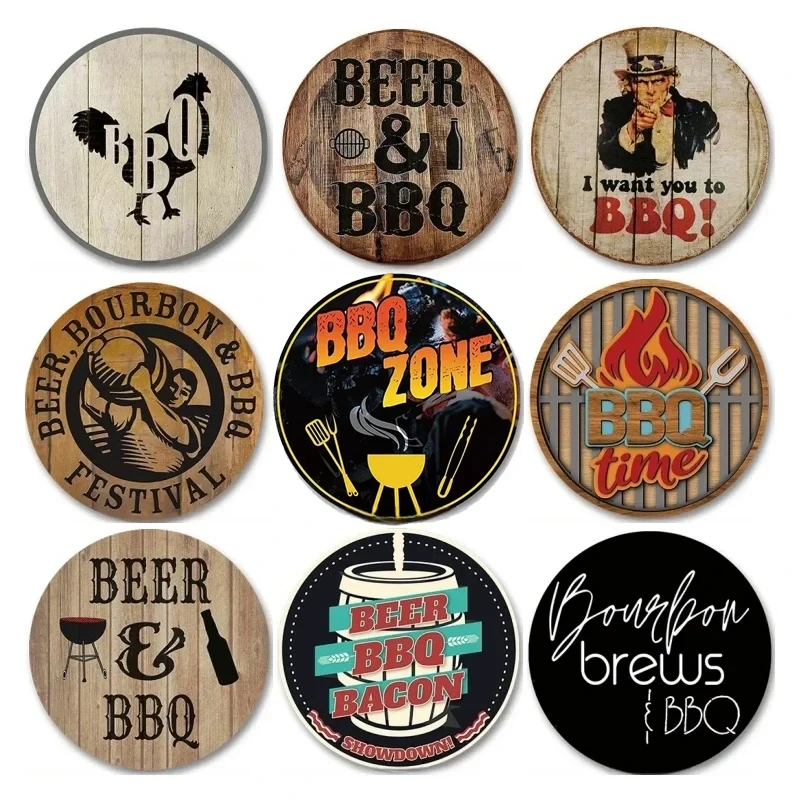 1ks BBQ Zone Round Metal Hliníková značka Vintage Dad's BBQ Yard Outdoor Party Dekorácie retro grilovanie pravidlá slávač 8x8 palca