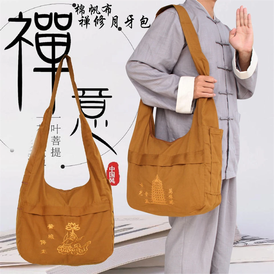 1ks Buddhistické potreby Meditácia mních balenie položené plátno zipsové ramenné tašku satchel crescent balenie Men Boy Darček