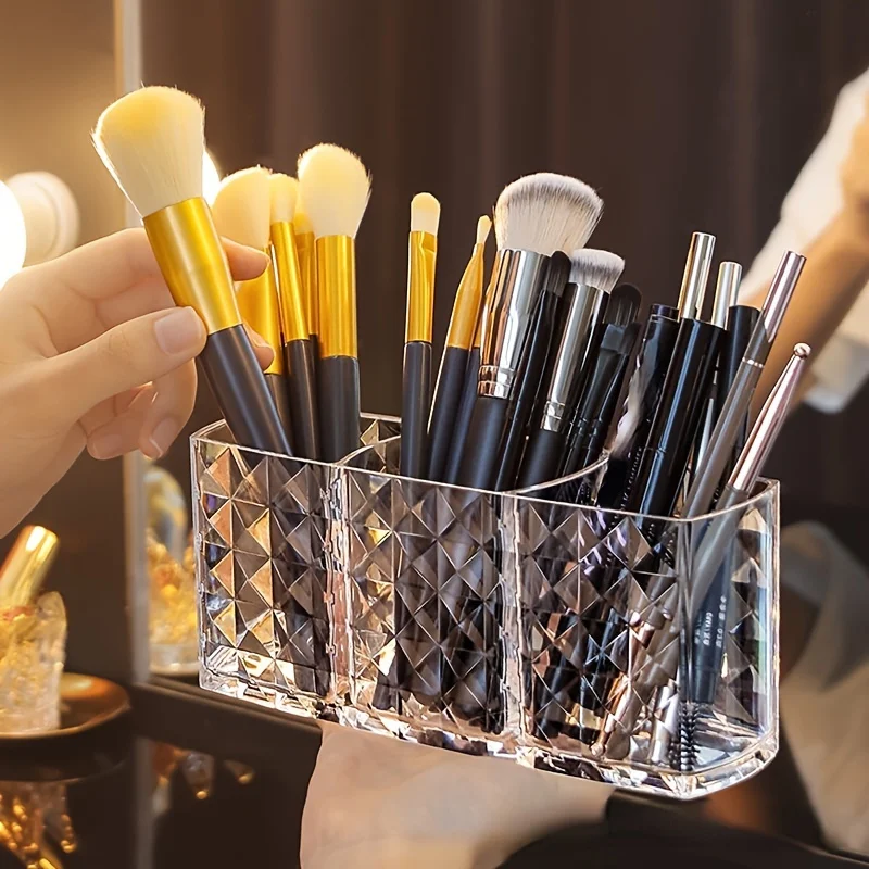 1ks Diamond Troj mriežková akrylová priehľadná priehľadná ceruzka make -up kefka Skladovací valcový stolný ploch