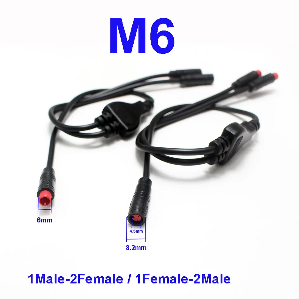 1ks M6 2pin y Splitter E-Bike Cable 1 Muž do 2 samíc / 1Female až 2Male Electric Bicycle zástrčka pre snímač signálu brzdenia skútra