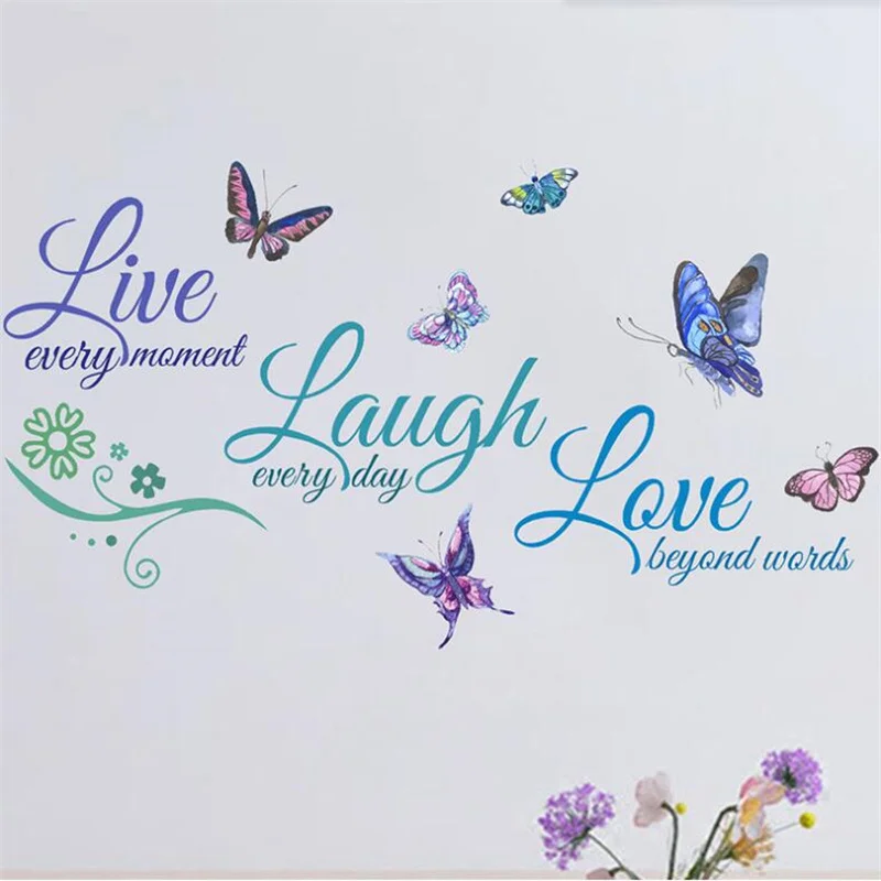 1ks odnímateľná farebná angličtina Live Laught Love Love Butterfly Wall Sticker pre spálňu Self Adhesive Home Decoration 30*60 cm