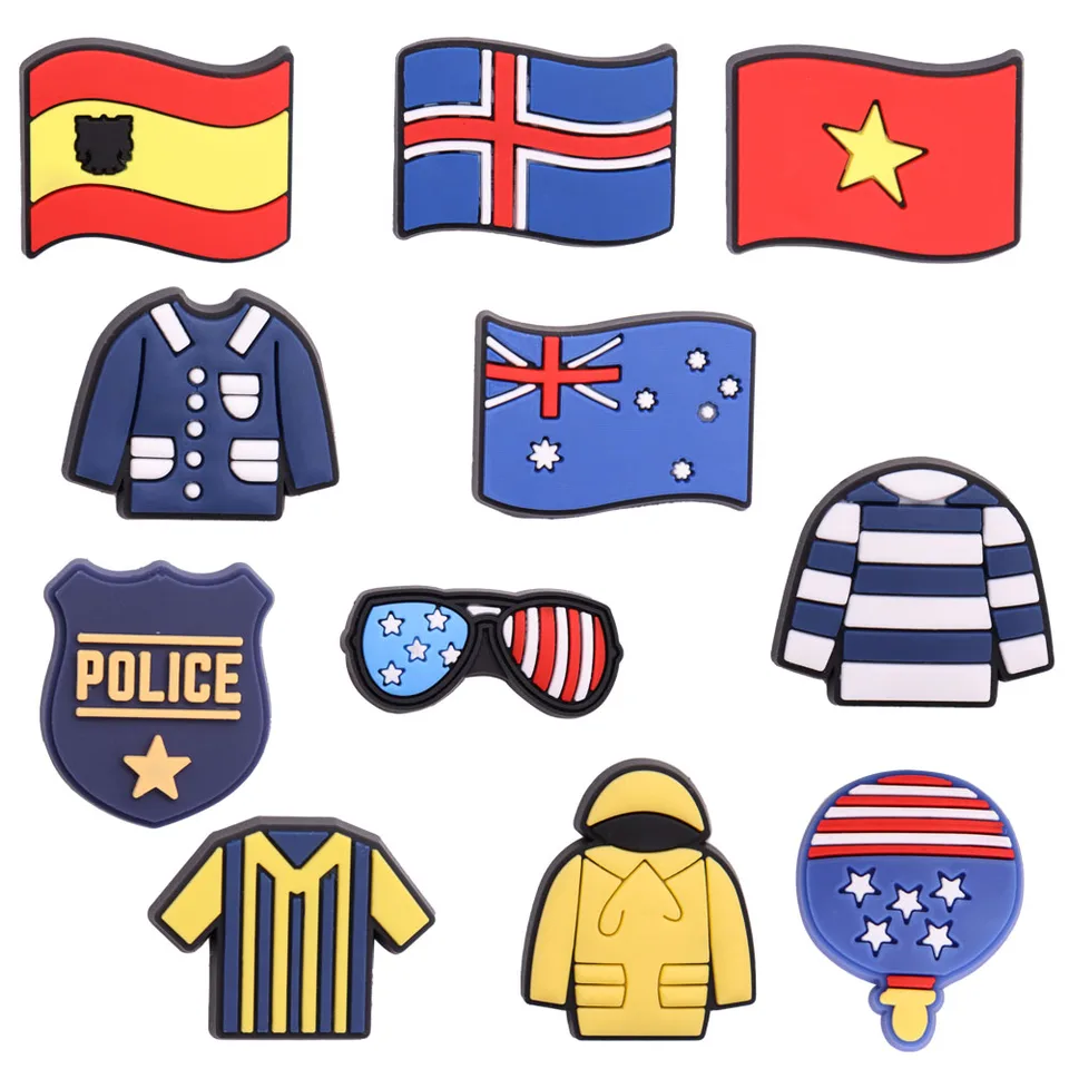 1ks okuliare policajný odznak Anglicko Tričko Island Coat Australia Vietnam PVC Shoe Charms Dekorácie pre drevá