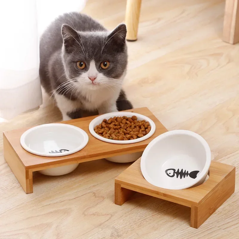 1ks Pet Cat and Doud Double Bowl Single Bowl keramická misa bambusový stôl do mačky Non-sklip dvojitá misa pre psov mačky misky