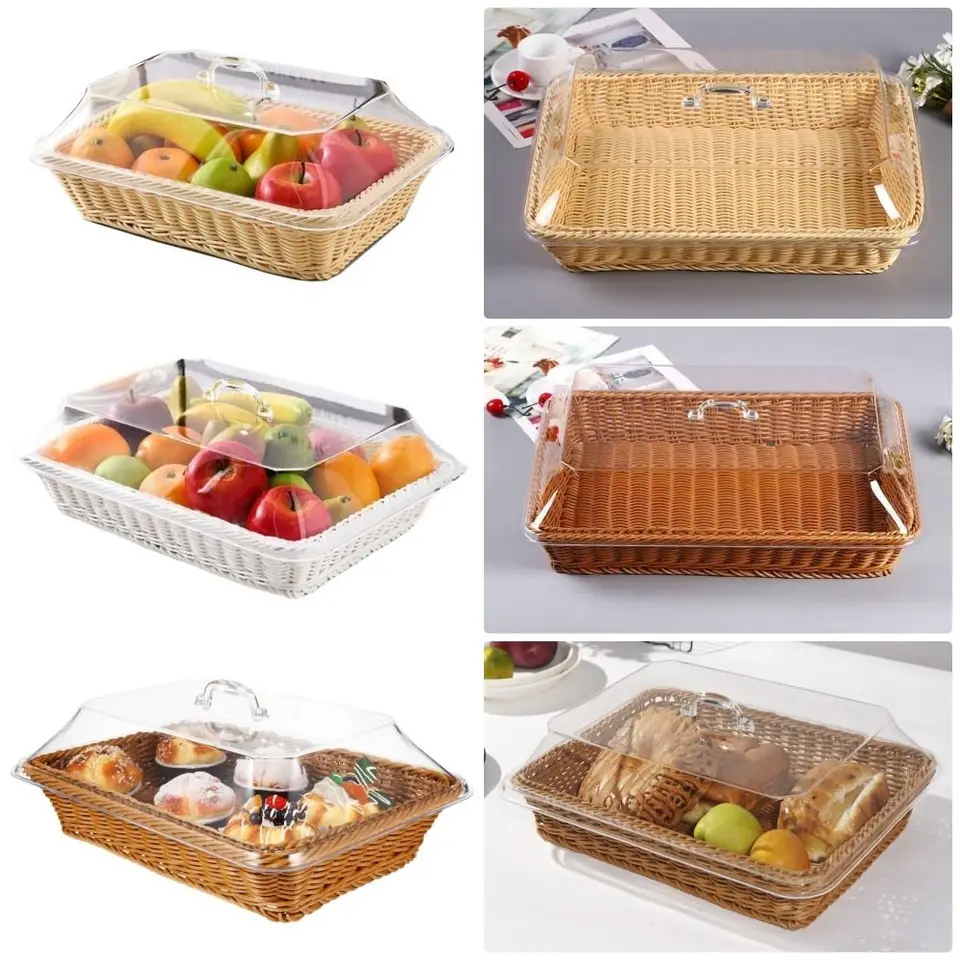1ks rastlinný chlieb podávanie tkaných košíkov Transparentné s akrylovým vekom Food Serve Basket Imatition Rattan Tabletop