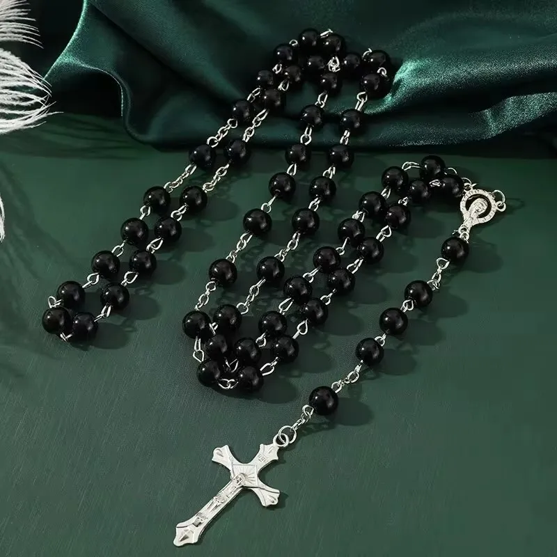 1ks ručne vyrábané náhrdelník Dámske imitácia vintage štýl perlové ružence korálky s krížovými príveskovými šperkami