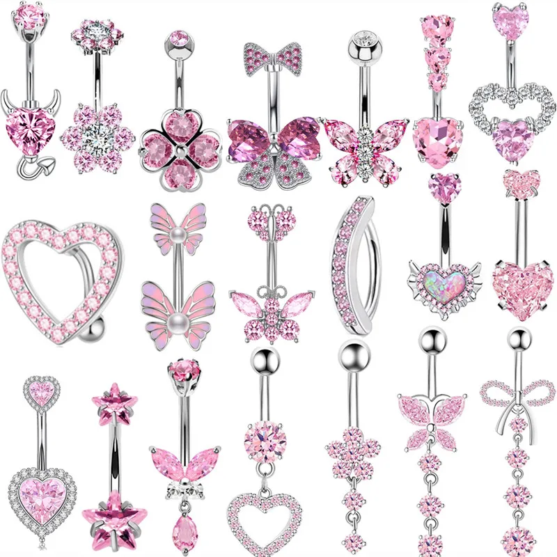 1ks ružové korunné brušné gombíky prstene šperky z nehrdzavejúcej ocele Srdce piercing Barbell Crystal Cupel Belly Rings for Women Girls