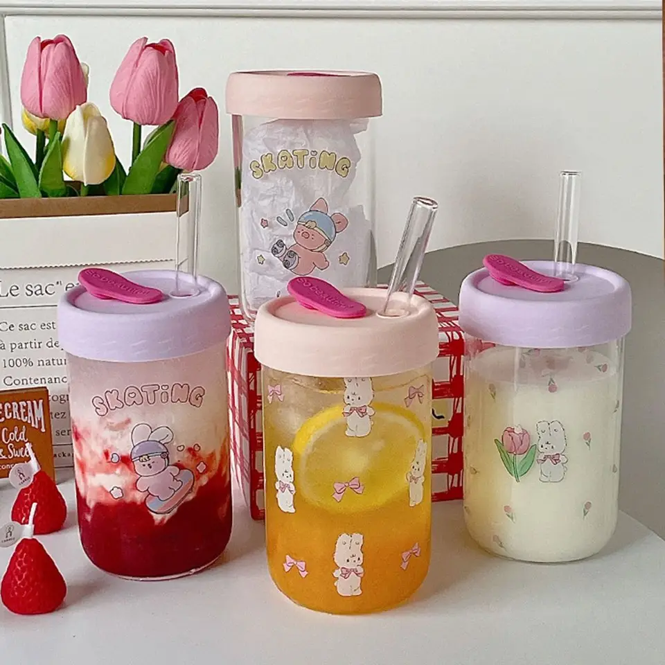 1ks trvanlivé mliečny džús bublinky čajový sklenený fľaša s vekom slamy bpa sklenený sklenený pohár kawaii 600 ml slamy pre vodné kávové nápoje