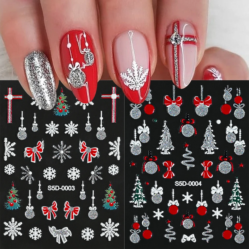 1ks vianočné strieborné/zlaté snehové vločky 5D nálepky na nechty Santa Claus/Snowman/los/borovicové lepidlá zimné manikúry *