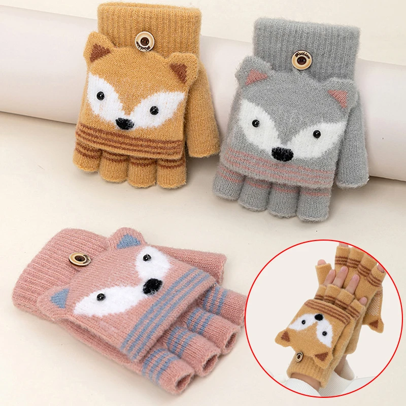 1Pair Autumn Winter Detské pletené rukavice bez prstov Rukavice roztomilé karikatúra Fox teplé rukavice s polovičným prstom