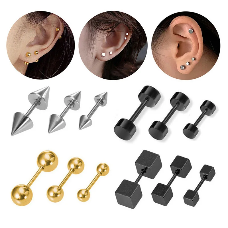 1Pair Round Square Spike kužeľ skrutkovača náušnice pre ženy/muži z nehrdzavejúcej ocele s jemnými kosťami kostí Stravné kosti jednoduché šperky