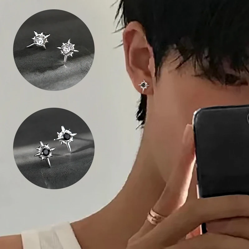 1Pair Trendy Black Zircon Star Stud náušnice pre mužov Ženy Pár biela osobnosť Hip-hop náušnice Party príslušenstvo šperky