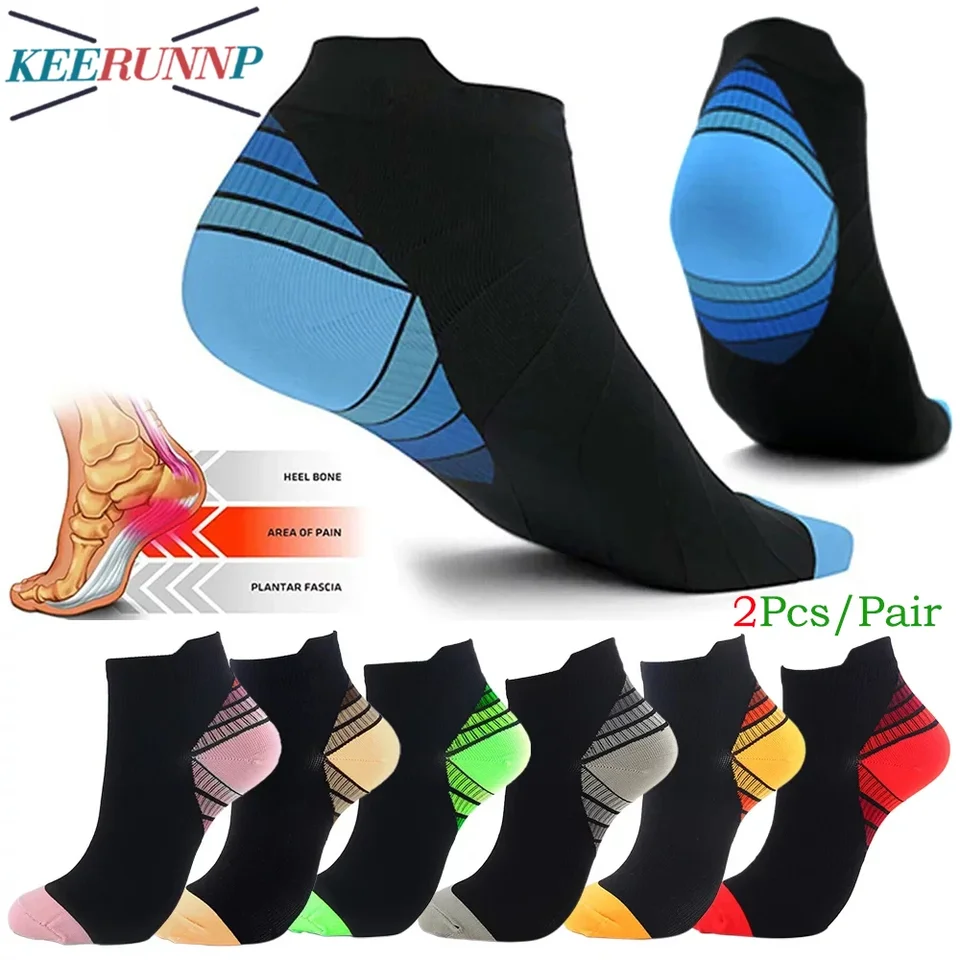 1Pair Womens Word Compression Running ponožky, 15-20 mmHg vankúša s nízkym vystrihnutím atletických ponožiek s oblúk