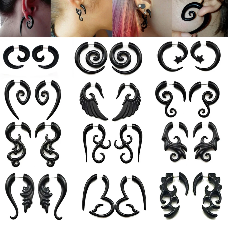 1Pair čierny akrylový falošný uší expandér z nehrdzavejúcej ocele Asymetrická slimáka Špirálová nepravidelná krídla Uši kužeľ Punk Style náušnice
