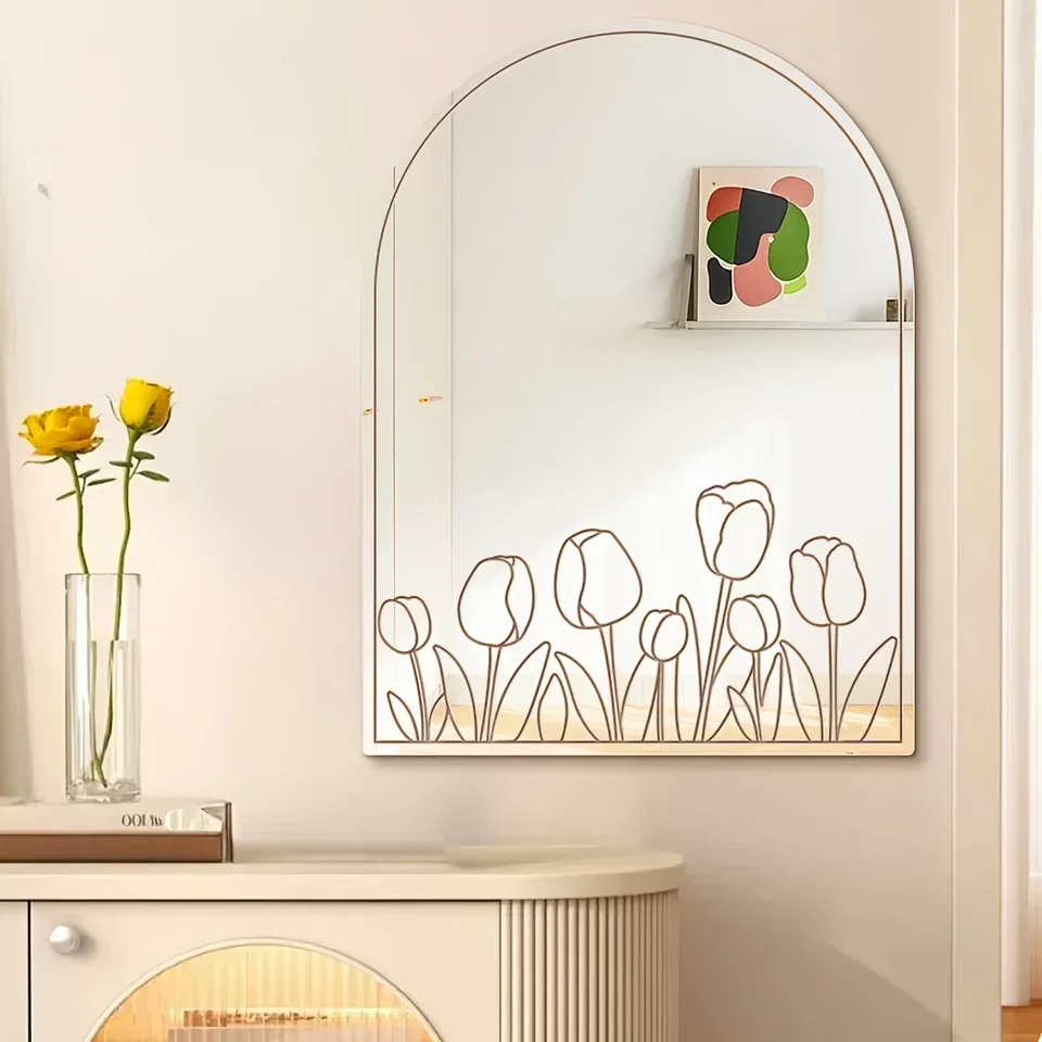 1pc 11,81x15.75inch Akrylové nepravidelné tulipány Zadné mäkké zrkadlo, kúpeľňový umývadlo, nástenné samolepiace zrkadlo