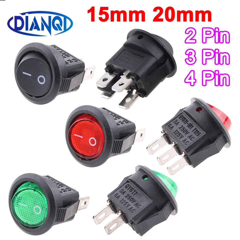 1pc 15 mm/20 mm mini okrúhly obdĺžnik Čierny spínač tlačidla 2pin 3a 125V/6A 250VAC KCD 3PIN Snap-in On/off Rocker Switch 2p