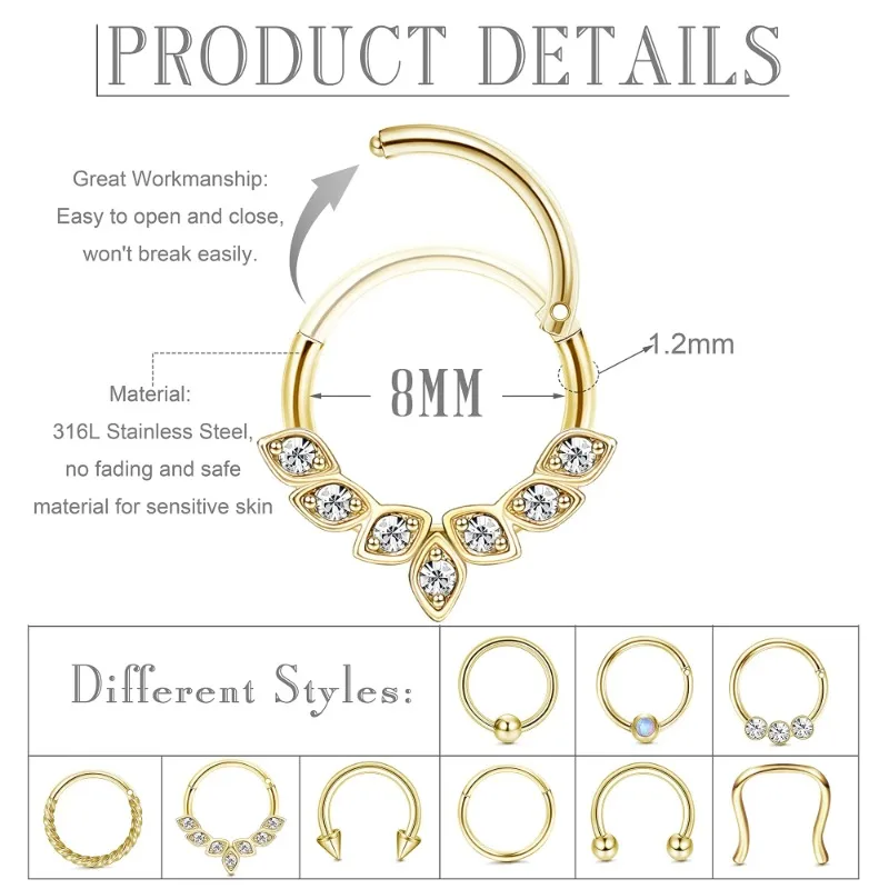 1pc 16g z nehrdzavejúceho obručového nosa pre ženy, septumový prsteň šperky Daith náušnice Helix Tragus pery chrupavky Chrup