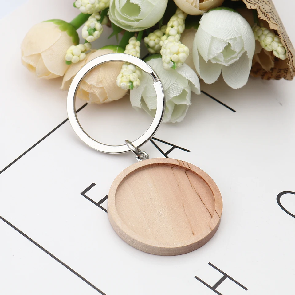 1pc 3,2 cm drevené cabochon z nehrdzavejúcej ocele Keychain základné nastavenia DIY Planl Drevené podnosy pre kľúče
