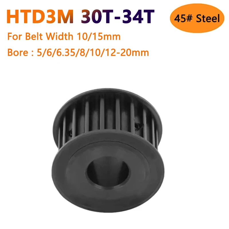 1pc 30 32 34 Zuby Htd3m Čierna 45# Oceľová časovacia kladka HTD-3M 30T 32T 34T Synchrónne koleso pre šírku pásu 10/15 mm otvor 5-20 mm