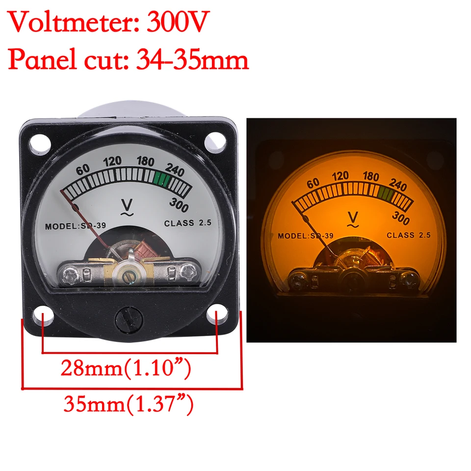 1pc 34-35 mm Voltmeter AC 300V Analógový prúdový panel Typ panela s LED svetlom pozadia pre zvukový zosilňovač Hifi DIY