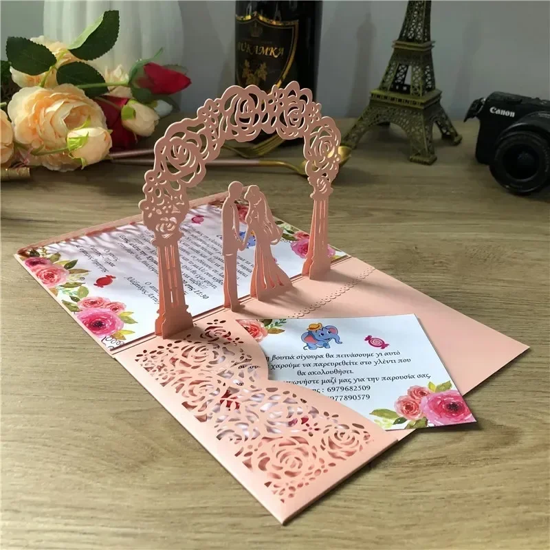 1PC 3D nevesta a ženích ružové zlato vyskakovacie vyobrazenia svadobné oznámenia laserom Cut Choating Cards obálka Svadobné sprchové pozvánky